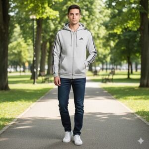 Adidas Mens Size Medium Full Zip Hoodie Heather Gray Black 3-Stripe Fleece Soft